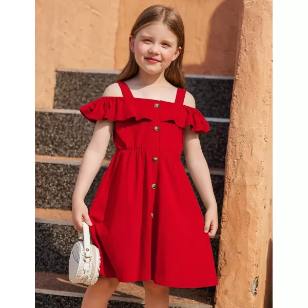 Arshiner Girls Dresses Summer Spaghetti Strap Cold Shoulder Ruffle Button Down A Line Dresses
