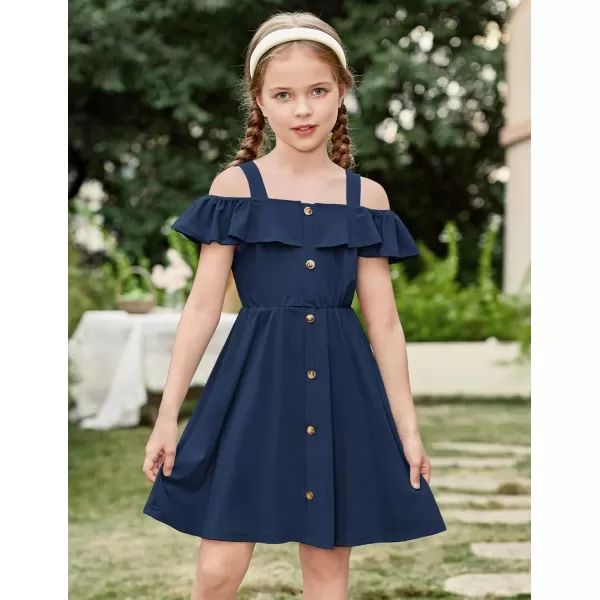 Arshiner Girls Dresses Summer Spaghetti Strap Cold Shoulder Ruffle Button Down A Line Dresses
