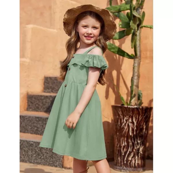 Arshiner Girls Dresses Summer Spaghetti Strap Cold Shoulder Ruffle Button Down A Line Dresses
