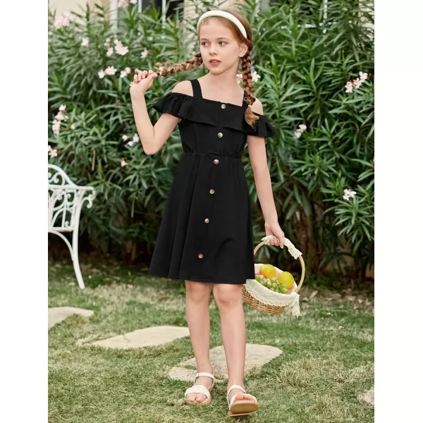 Arshiner Girls Dresses Summer Spaghetti Strap Cold Shoulder Ruffle Button Down A Line Dresses