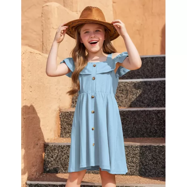 Arshiner Girls Dresses Summer Spaghetti Strap Cold Shoulder Ruffle Button Down A Line Dresses