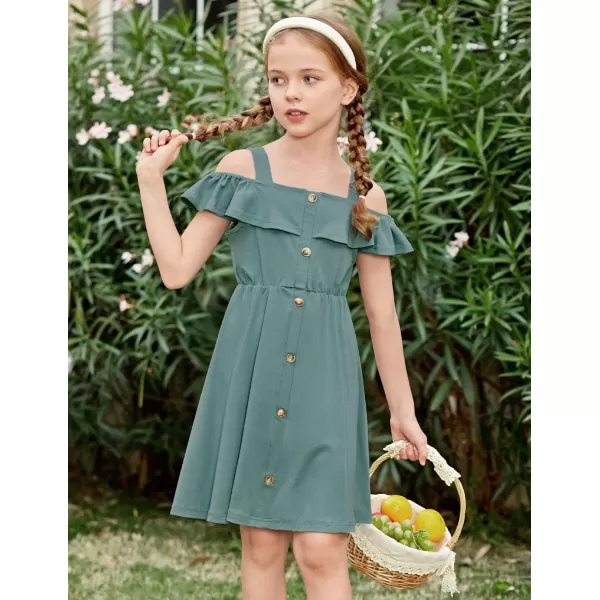 Arshiner Girls Dresses Summer Spaghetti Strap Cold Shoulder Ruffle Button Down A Line Dresses