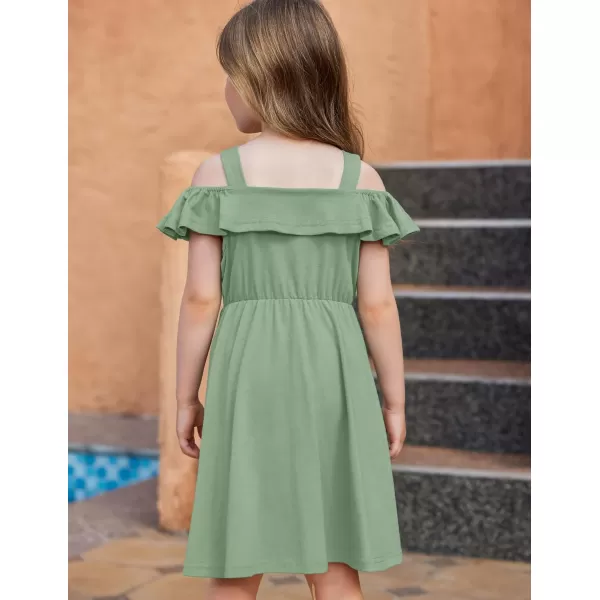 Arshiner Girls Dresses Summer Spaghetti Strap Cold Shoulder Ruffle Button Down A Line Dresses