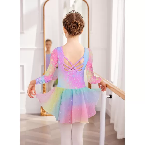 Arshiner Girls Long Sleeve Ballet Leotards with Shinny Skirts Criss-Cross Back Dance Dresses