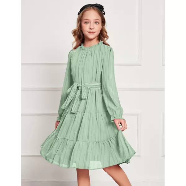Arshiner Girls Long Sleeve Dress Tween Fall Formal Party Holiday Midi Tiered Flowy Swing Dresses with Belt 5-13 Y