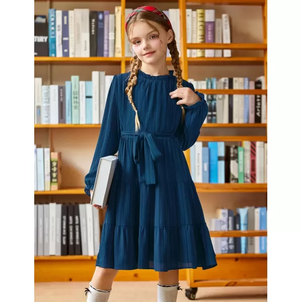 Arshiner Girls Long Sleeve Dress Tween Fall Formal Party Holiday Midi Tiered Flowy Swing Dresses with Belt 5-13 Y