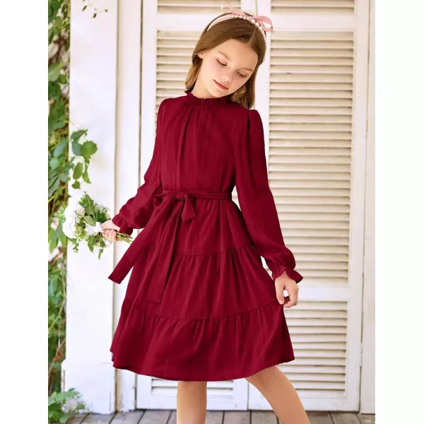 Arshiner Girls Long Sleeve Dress Tween Fall Formal Party Holiday Midi Tiered Flowy Swing Dresses with Belt 5-13 Y