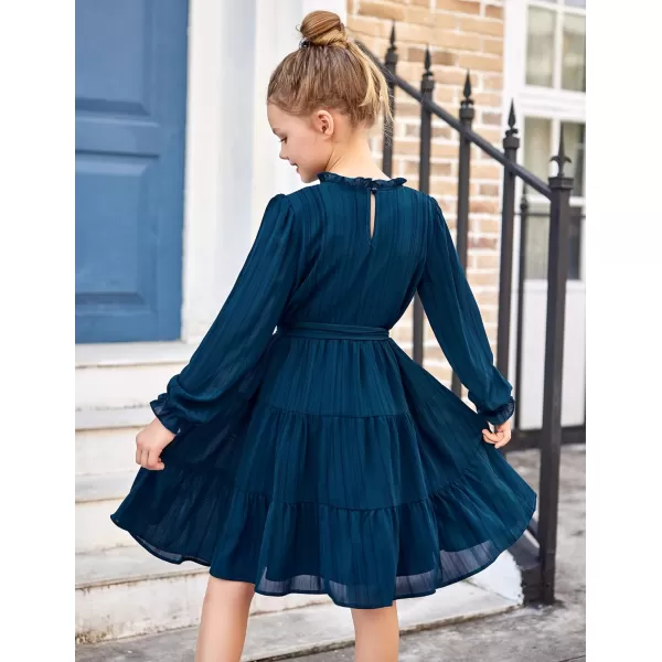 Arshiner Girls Long Sleeve Dress Tween Fall Formal Party Holiday Midi Tiered Flowy Swing Dresses with Belt 5-13 Y