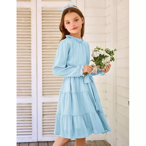 Arshiner Girls Long Sleeve Dress Tween Fall Formal Party Holiday Midi Tiered Flowy Swing Dresses with Belt 5-13 Y