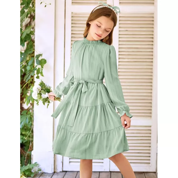 Arshiner Girls Long Sleeve Dress Tween Fall Formal Party Holiday Midi Tiered Flowy Swing Dresses with Belt 5-13 Y