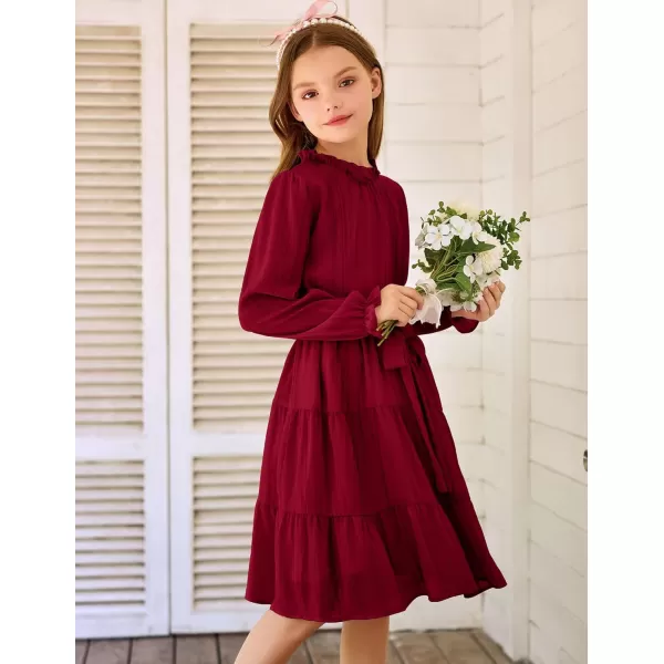 Arshiner Girls Long Sleeve Dress Tween Fall Formal Party Holiday Midi Tiered Flowy Swing Dresses with Belt 5-13 Y