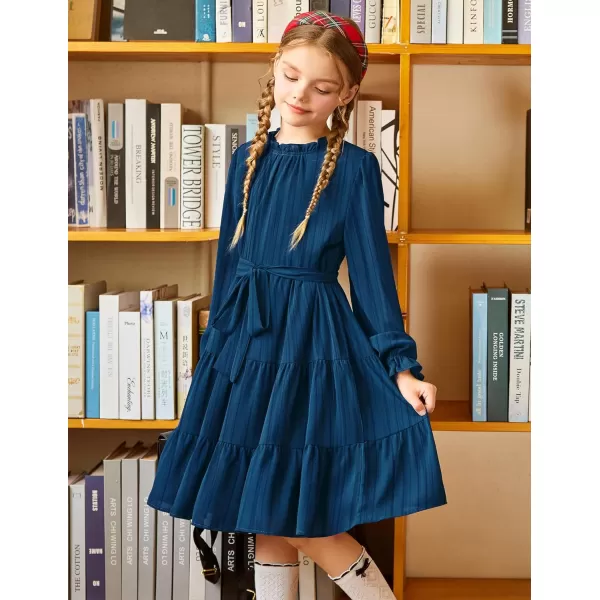 Arshiner Girls Long Sleeve Dress Tween Fall Formal Party Holiday Midi Tiered Flowy Swing Dresses with Belt 5-13 Y