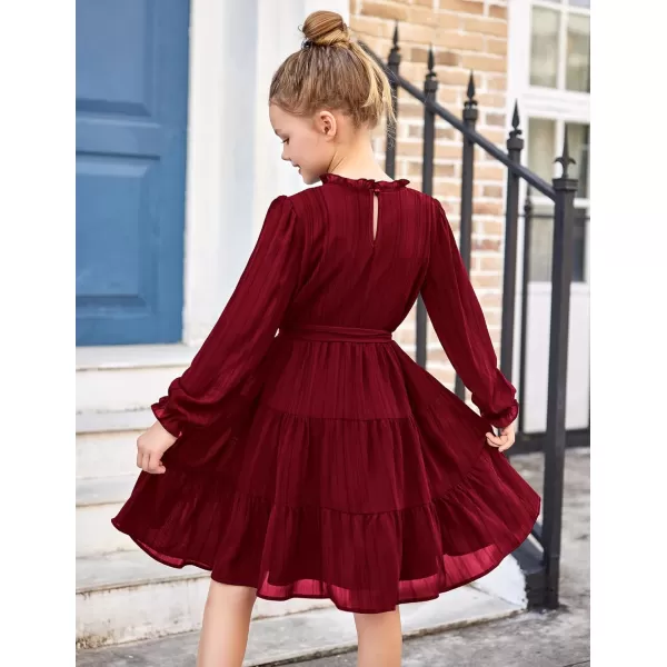Arshiner Girls Long Sleeve Dress Tween Fall Formal Party Holiday Midi Tiered Flowy Swing Dresses with Belt 5-13 Y