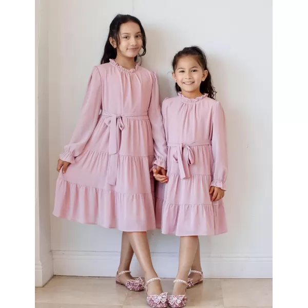 Arshiner Girls Long Sleeve Dress Tween Fall Formal Party Holiday Midi Tiered Flowy Swing Dresses with Belt 5-13 Y