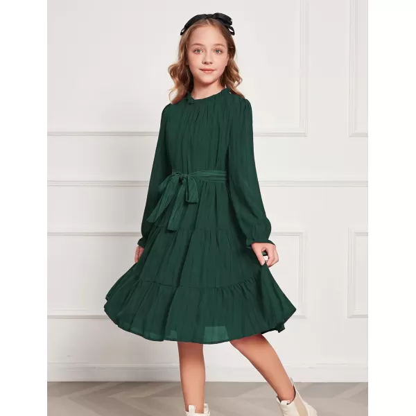 Arshiner Girls Long Sleeve Dress Tween Fall Formal Party Holiday Midi Tiered Flowy Swing Dresses with Belt 5-13 Y
