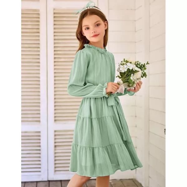 Arshiner Girls Long Sleeve Dress Tween Fall Formal Party Holiday Midi Tiered Flowy Swing Dresses with Belt 5-13 Y