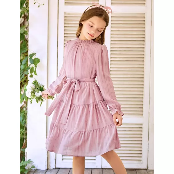 Arshiner Girls Long Sleeve Dress Tween Fall Formal Party Holiday Midi Tiered Flowy Swing Dresses with Belt 5-13 Y
