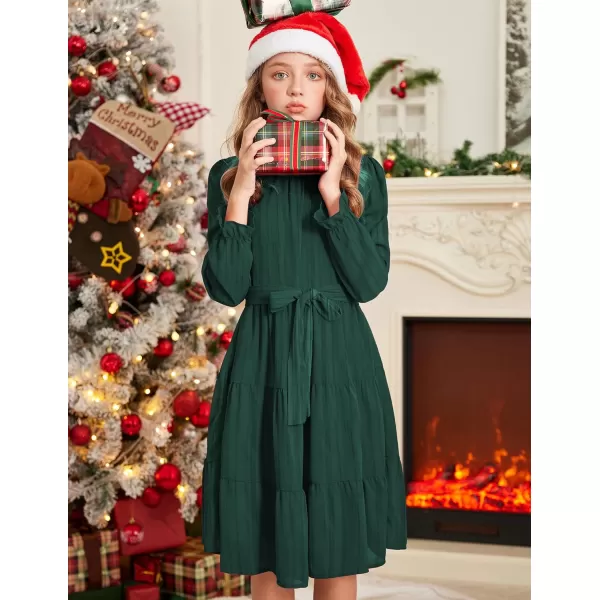 Arshiner Girls Long Sleeve Dress Tween Fall Formal Party Holiday Midi Tiered Flowy Swing Dresses with Belt 5-13 Y