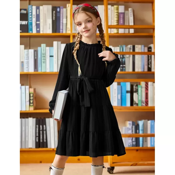 Arshiner Girls Long Sleeve Dress Tween Fall Formal Party Holiday Midi Tiered Flowy Swing Dresses with Belt 5-13 Y