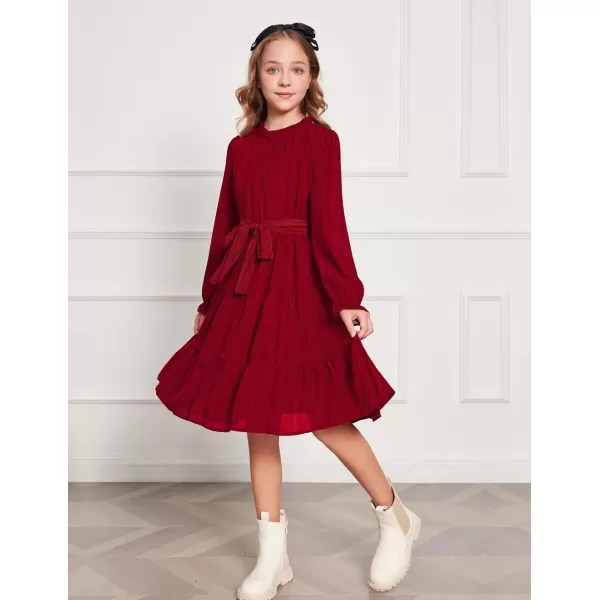 Arshiner Girls Long Sleeve Dress Tween Fall Formal Party Holiday Midi Tiered Flowy Swing Dresses with Belt 5-13 Y