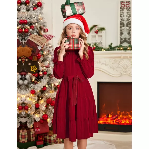 Arshiner Girls Long Sleeve Dress Tween Fall Formal Party Holiday Midi Tiered Flowy Swing Dresses with Belt 5-13 Y
