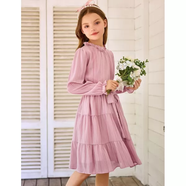 Arshiner Girls Long Sleeve Dress Tween Fall Formal Party Holiday Midi Tiered Flowy Swing Dresses with Belt 5-13 Y