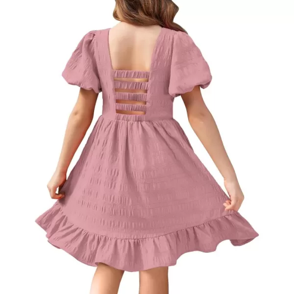 Arshiner Girls Backless Dress Short Sleeve Square Neck Ruffle Hem Elegant Dresses