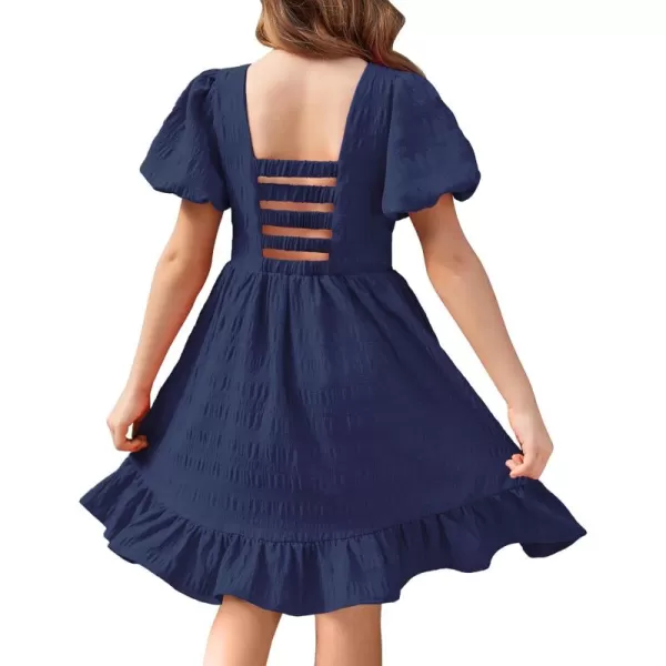 Arshiner Girls Backless Dress Short Sleeve Square Neck Ruffle Hem Elegant Dresses