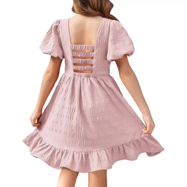 Arshiner Girls Backless Dress Short Sleeve Square Neck Ruffle Hem Elegant Dresses