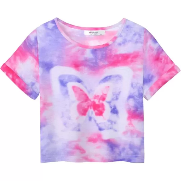 Arshiner Girls Crop Tops Short Sleeve Tie Dye Summer T Shirt Crewneck Rolled Cuffs Fashion Shirts Tee