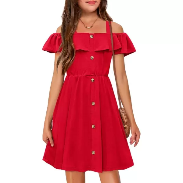Arshiner Girls Dresses Summer Spaghetti Strap Cold Shoulder Ruffle Button Down A Line Dresses
