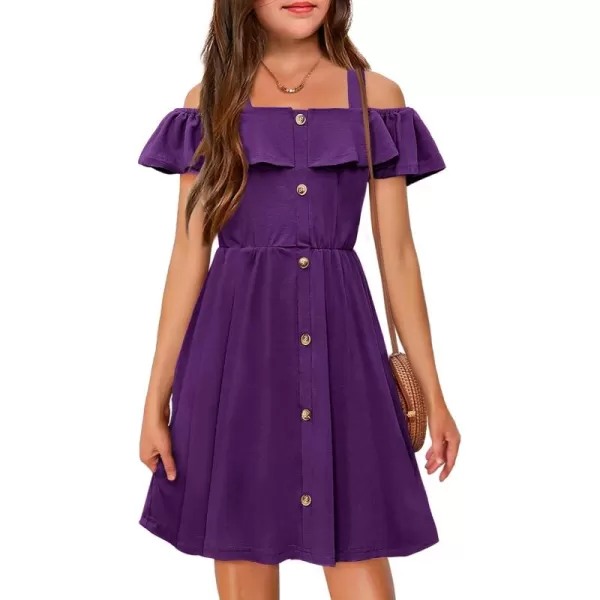 Arshiner Girls Dresses Summer Spaghetti Strap Cold Shoulder Ruffle Button Down A Line Dresses