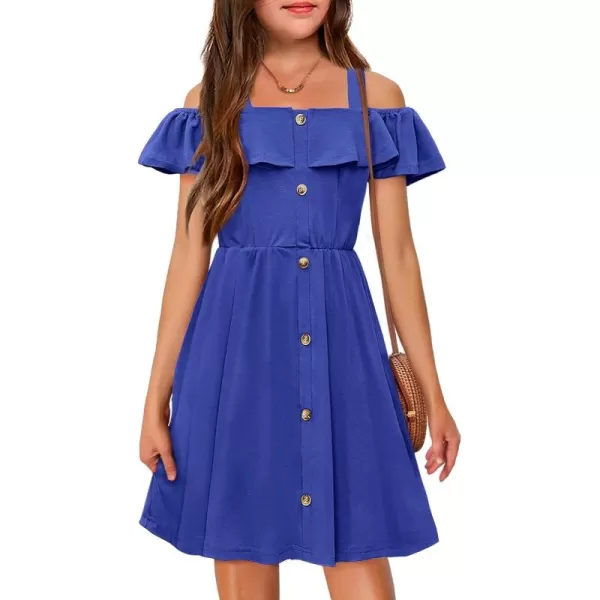 Arshiner Girls Dresses Summer Spaghetti Strap Cold Shoulder Ruffle Button Down A Line Dresses