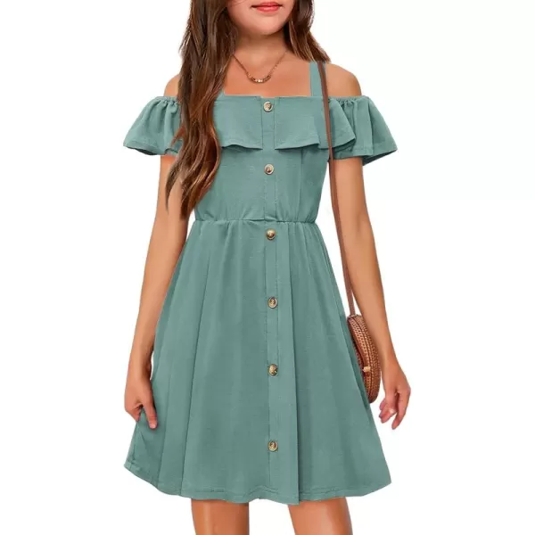 Arshiner Girls Dresses Summer Spaghetti Strap Cold Shoulder Ruffle Button Down A Line Dresses