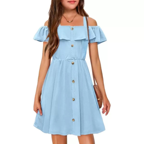 Arshiner Girls Dresses Summer Spaghetti Strap Cold Shoulder Ruffle Button Down A Line Dresses