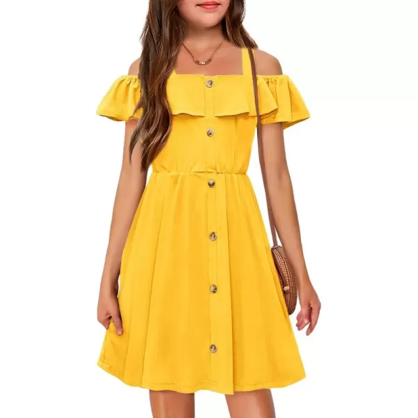 Arshiner Girls Dresses Summer Spaghetti Strap Cold Shoulder Ruffle Button Down A Line Dresses
