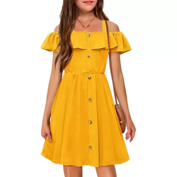 Arshiner Girls Dresses Summer Spaghetti Strap Cold Shoulder Ruffle Button Down A Line Dresses