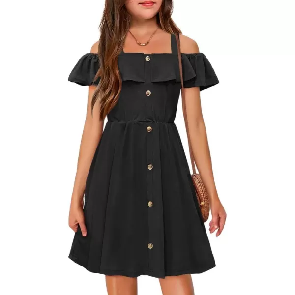 Arshiner Girls Dresses Summer Spaghetti Strap Cold Shoulder Ruffle Button Down A Line Dresses