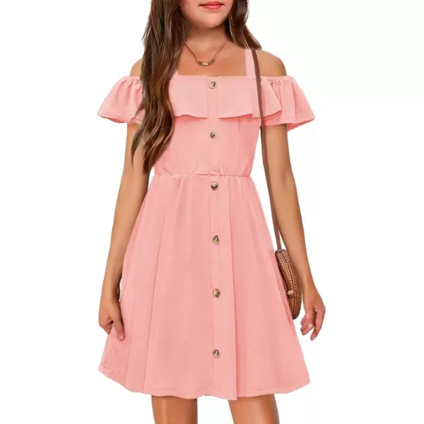 Arshiner Girls Dresses Summer Spaghetti Strap Cold Shoulder Ruffle Button Down A Line Dresses