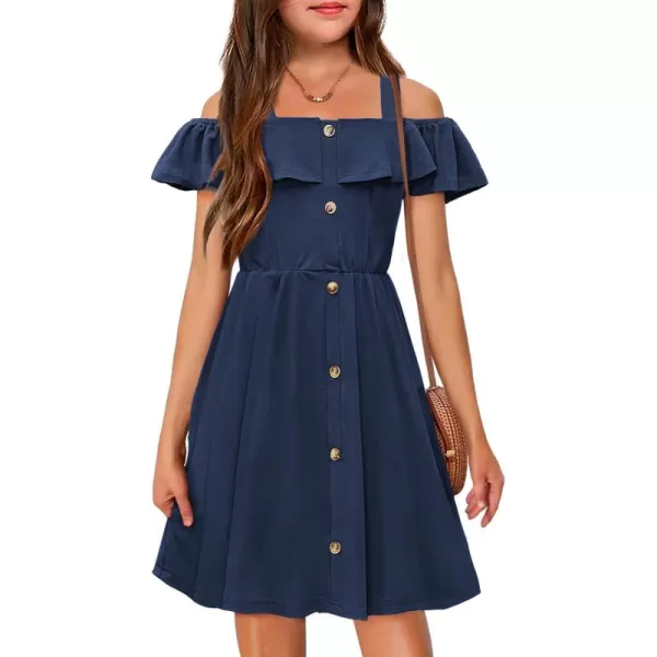 Arshiner Girls Dresses Summer Spaghetti Strap Cold Shoulder Ruffle Button Down A Line Dresses