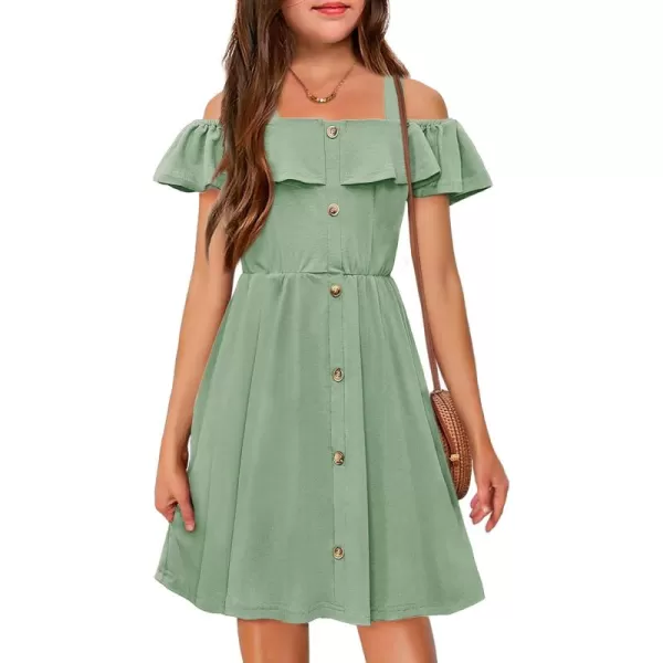 Arshiner Girls Dresses Summer Spaghetti Strap Cold Shoulder Ruffle Button Down A Line Dresses