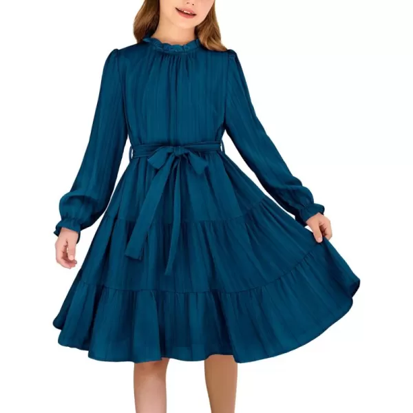Arshiner Girls Long Sleeve Dress Tween Fall Formal Party Holiday Midi Tiered Flowy Swing Dresses with Belt 5-13 Y