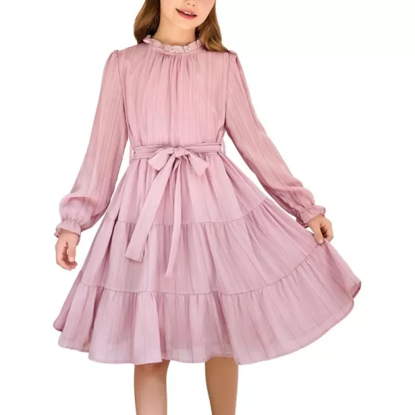 Arshiner Girls Long Sleeve Dress Tween Fall Formal Party Holiday Midi Tiered Flowy Swing Dresses with Belt 5-13 Y