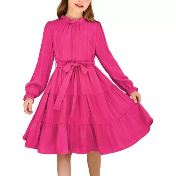 Arshiner Girls Long Sleeve Dress Tween Fall Formal Party Holiday Midi Tiered Flowy Swing Dresses with Belt 5-13 Y