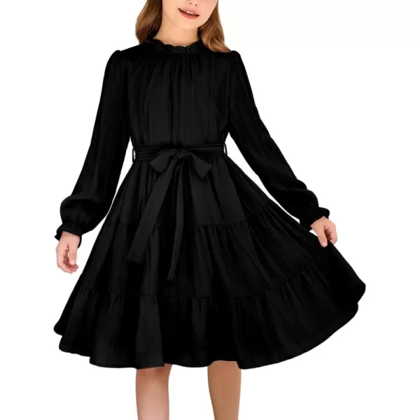 Arshiner Girls Long Sleeve Dress Tween Fall Formal Party Holiday Midi Tiered Flowy Swing Dresses with Belt 5-13 Y
