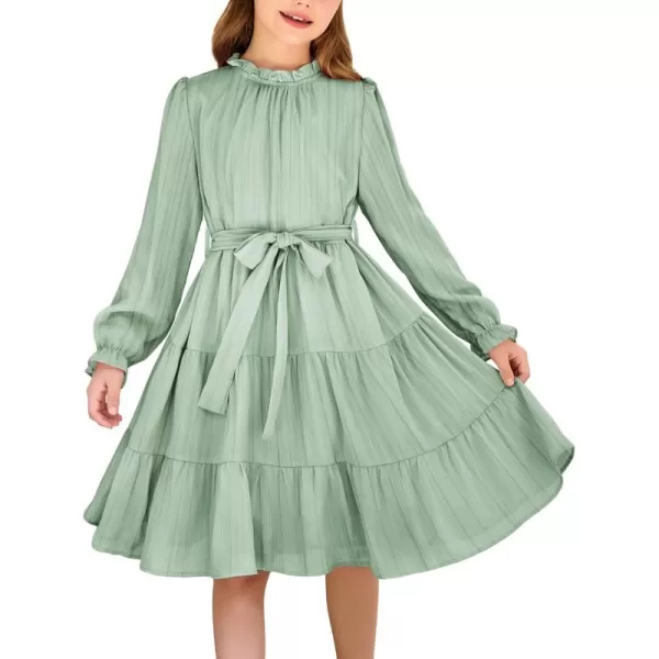 Arshiner Girls Long Sleeve Dress Tween Fall Formal Party Holiday Midi Tiered Flowy Swing Dresses with Belt 5-13 Y