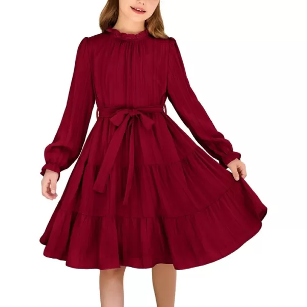 Arshiner Girls Long Sleeve Dress Tween Fall Formal Party Holiday Midi Tiered Flowy Swing Dresses with Belt 5-13 Y