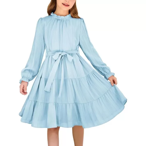 Arshiner Girls Long Sleeve Dress Tween Fall Formal Party Holiday Midi Tiered Flowy Swing Dresses with Belt 5-13 Y