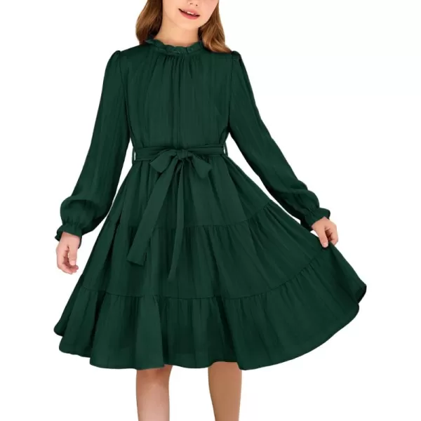 Arshiner Girls Long Sleeve Dress Tween Fall Formal Party Holiday Midi Tiered Flowy Swing Dresses with Belt 5-13 Y