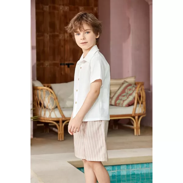 Arshiner Boys Cotton Linen Shorts Sets Button Down Short Sleeve Shirt and Shorts with Bucket Hat Summer Beach Hawaiian Outfits Size 6~16